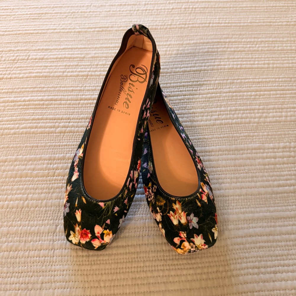 Bisue Ballerinas Floral Velvet Square Toe Ballet Flats  Made in Spain Size 37
